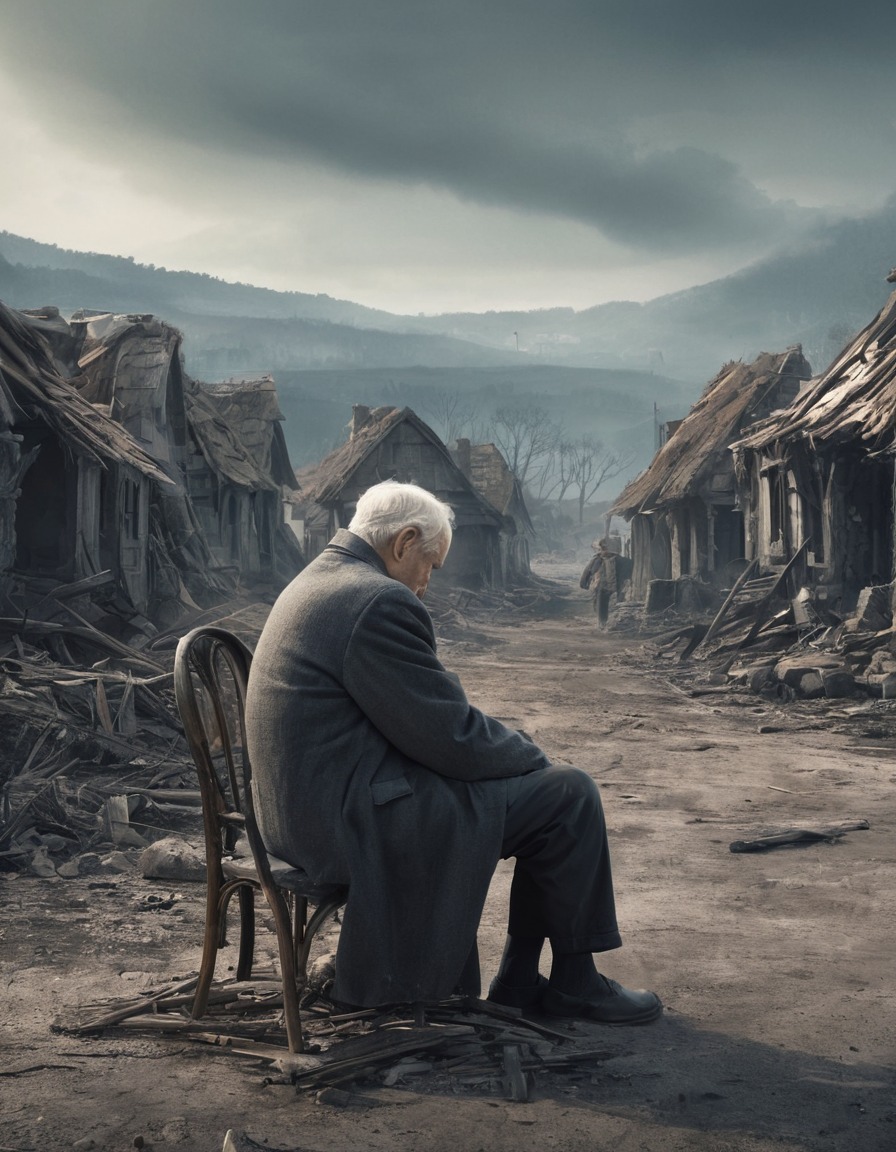 loneliness, devastation, elderly, man, solitude, war