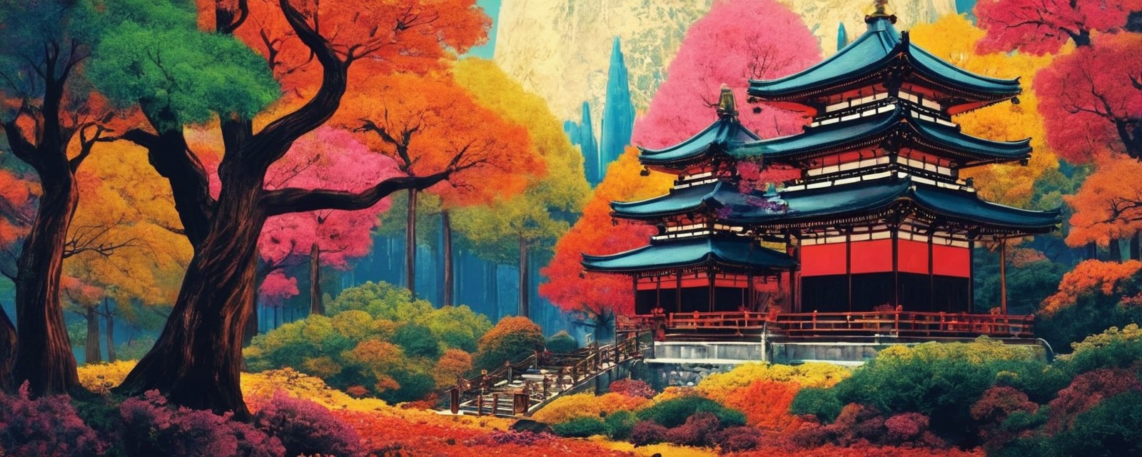 digitalart, wallpaper, architecture, forest, colorful, conceptart, fantasy, fantasyart, landscape, oriental, surreal, temple, worldbuilding, aigenerated, imgnai