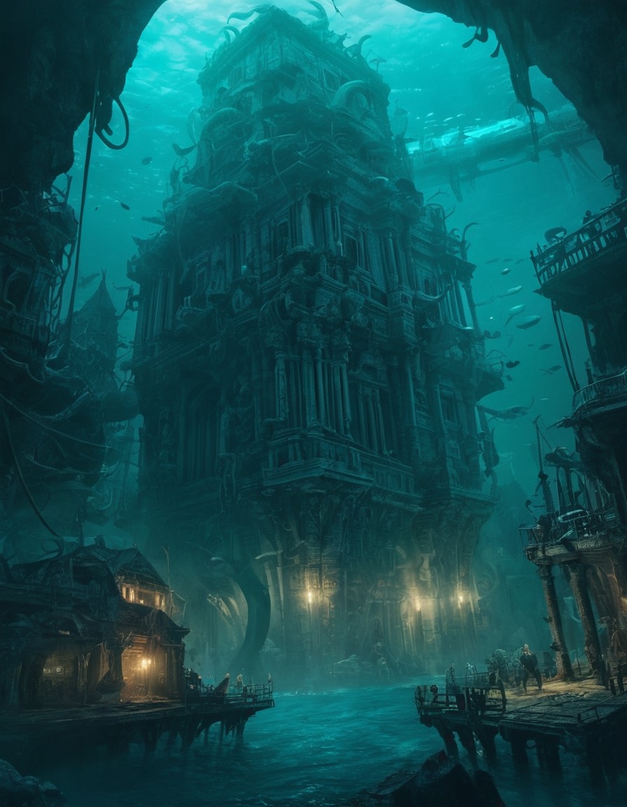 underwater, city, cyclopean structures, sea monsters, eerie, lovecraft, howard lovecraft