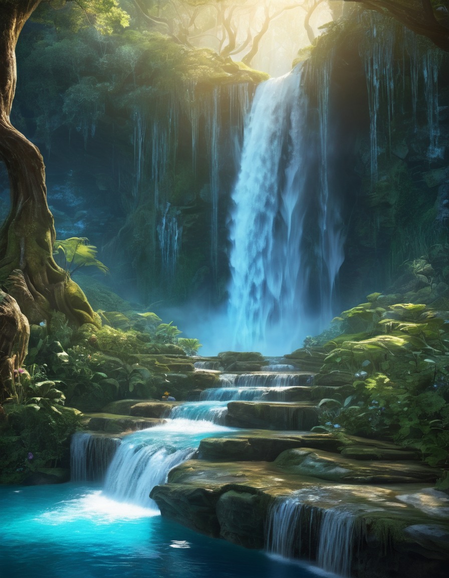 waterfall, enchanted water, glowing pool, fantasy scene, magic, nature, scenic beauty