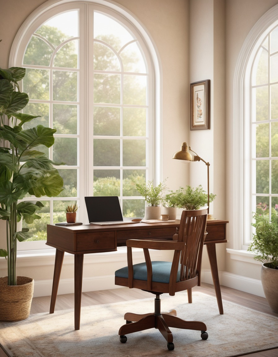 home office, desk, chair, window, garden, home, interior