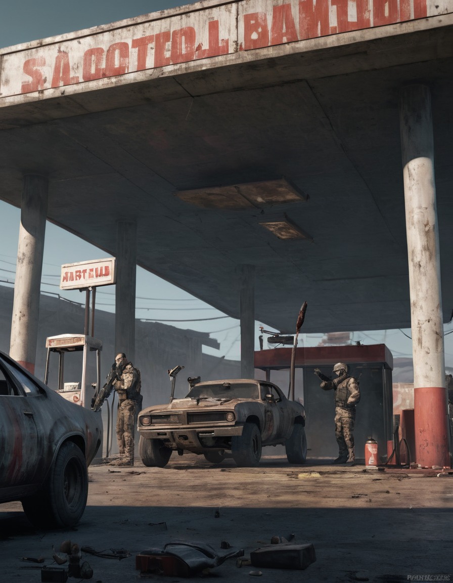 rival factions, showdown, dilapidated, gas station, tension, weapons, rivalry, mad max