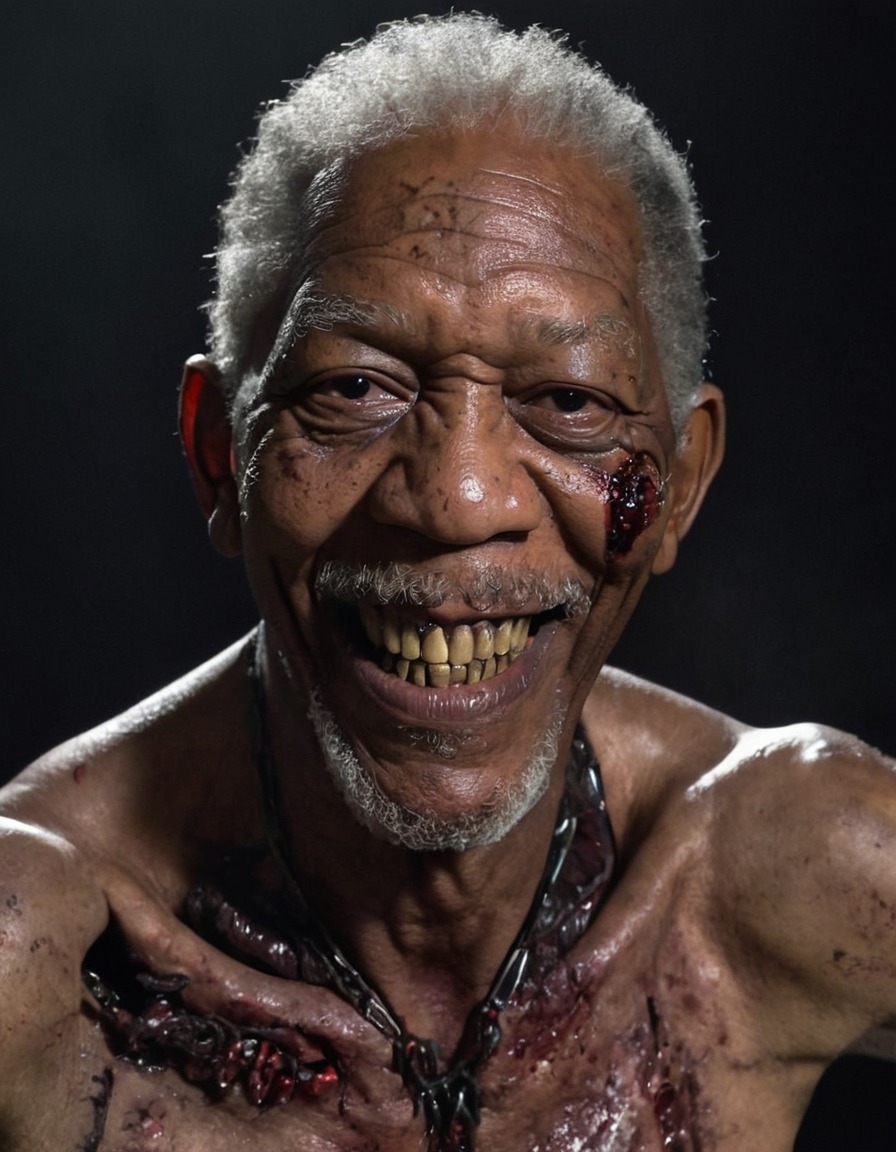 morgan freeman, iconic smile, sinister grin, zombie pose, horror art, zombie, celebrities