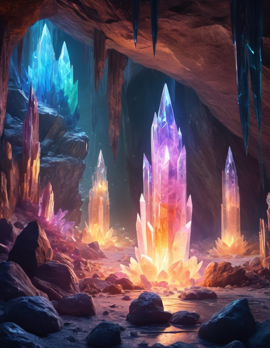 crystal cave, glowing crystals, mysterious energy, magical, cavern, enchanted, fantasy