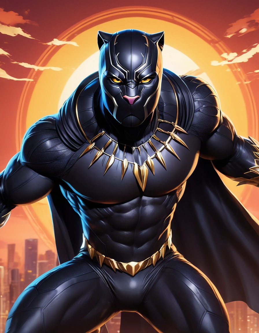 black panther, superhero, regal, feline, costume, anime, marvel