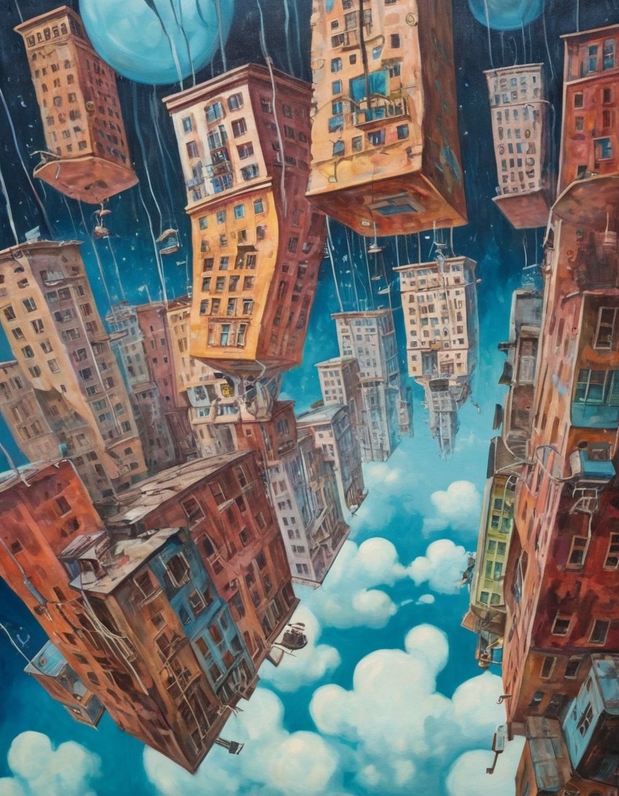 surreal, fantasy, cityscape, upside-down