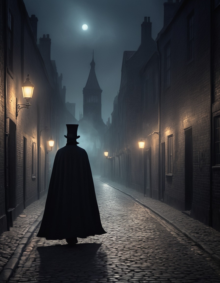 mystery, shadowy figure, top hat, cape, cobblestone street, gas lamps, gothic, underground, dark