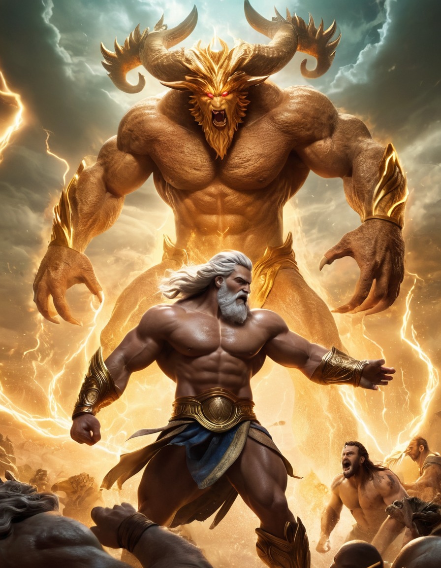 zeus, greek mythology, epic battle, mythical creatures, powerful deity, olympian gods, legendary showdown