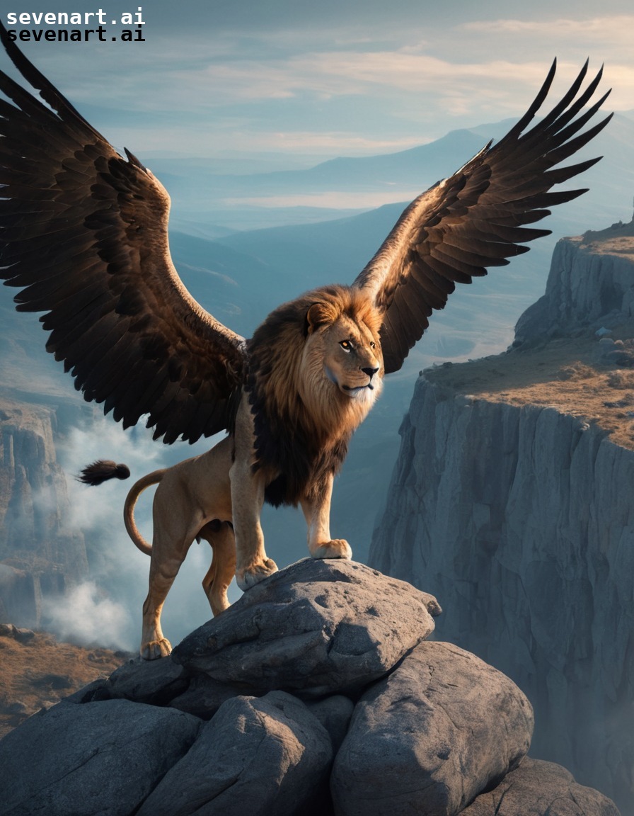 mythical creature, lion, eagle, wings, landscape