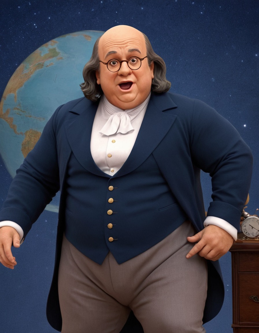 benjamin franklin, caricature, humor, historical figure, oversized suit, funny, struggle, fat