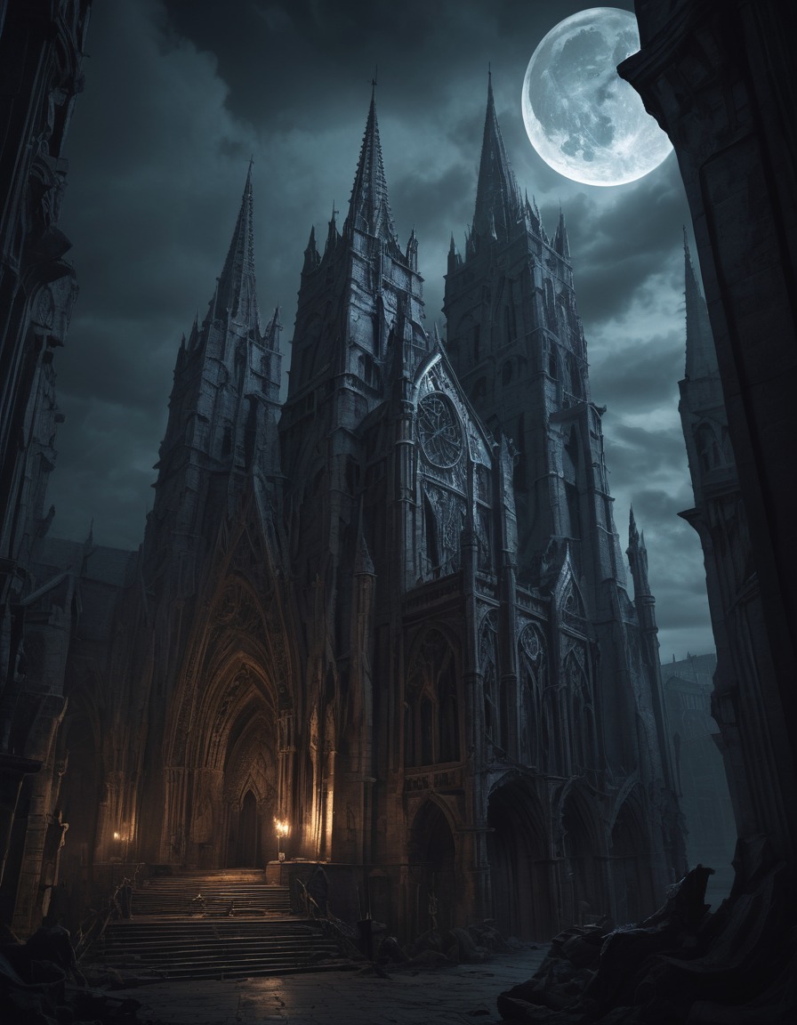 architecture, cathedral, gargoyles, gothic, religious building, underground, dark