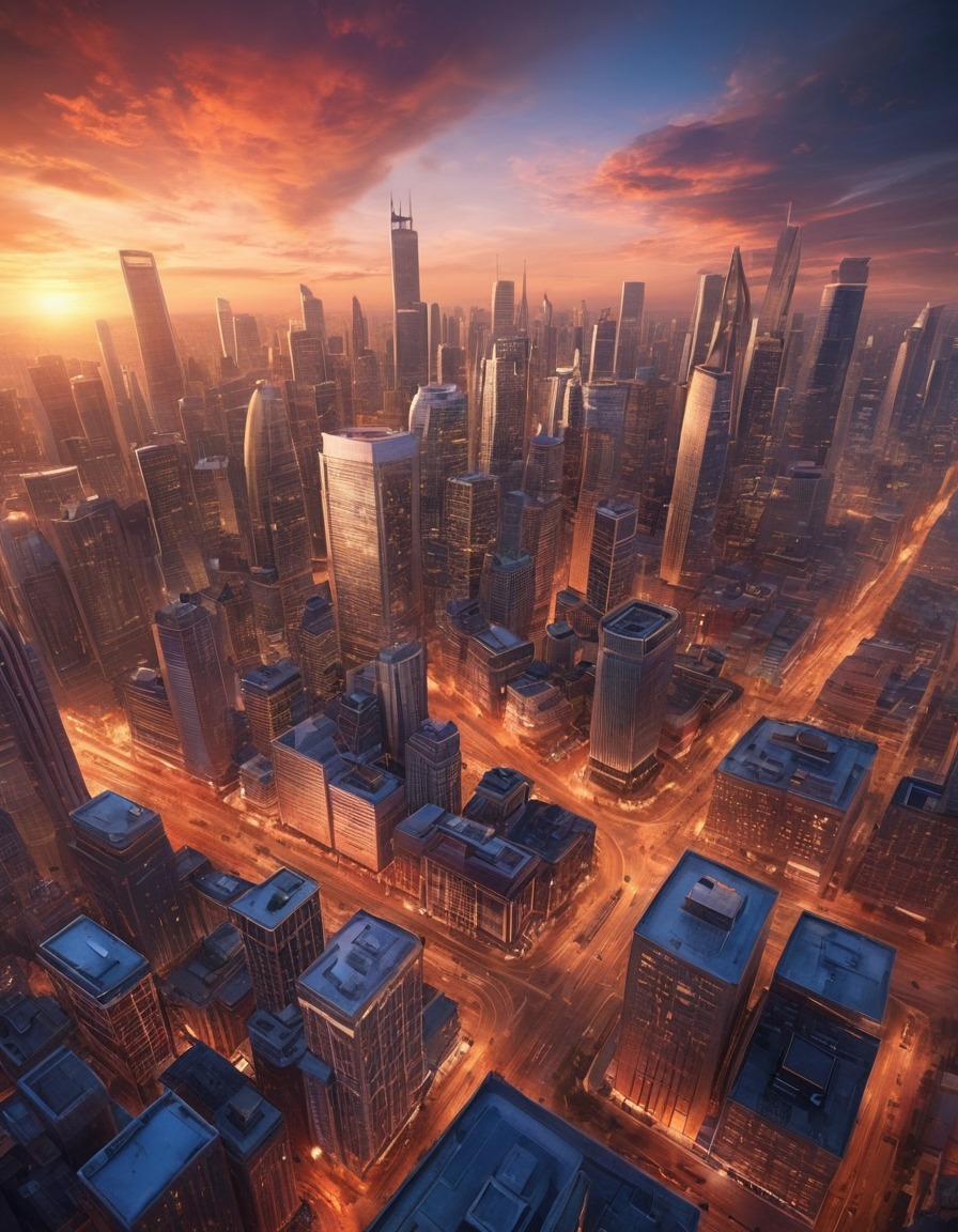 cityscape, sunset, aerial view, urban landscape