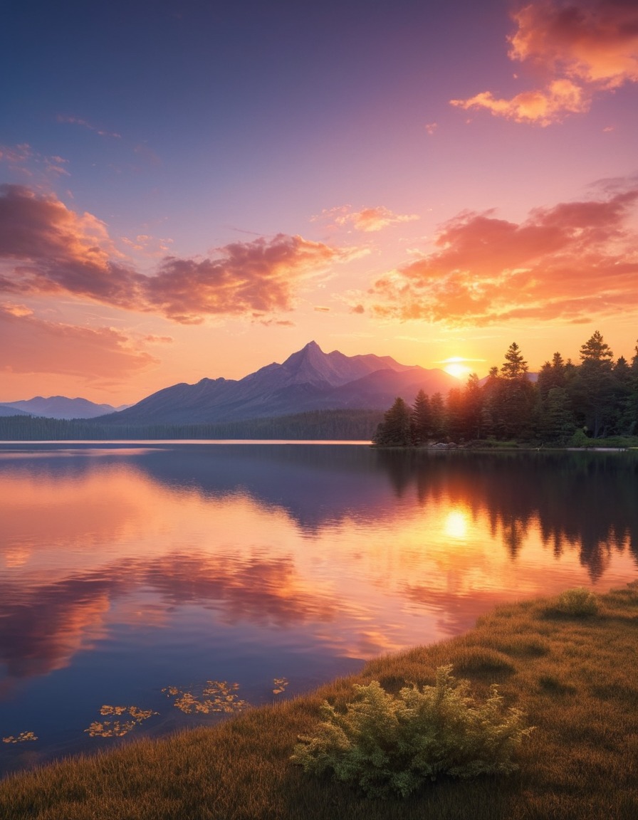 sunset, lake, reflection, serene, sky, beauty