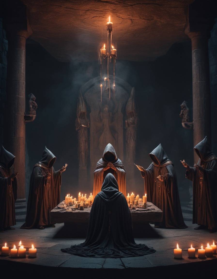 ritual, hooded figures, candlelight, arcane artifacts, chamber, lovecraft, howard lovecraft