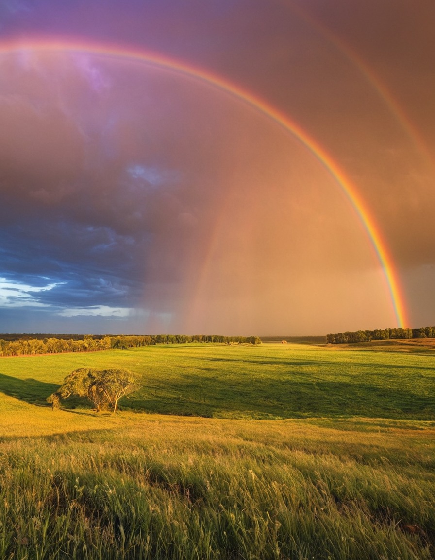 rainbow, field, nature, landscape