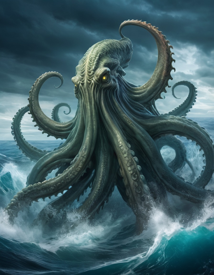 kraken, ocean, stormy, tentacles, mythical creature