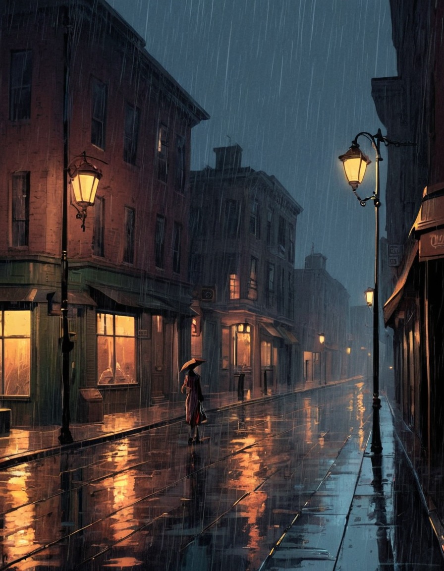 cityscape, night, rain, gaslight, solitude