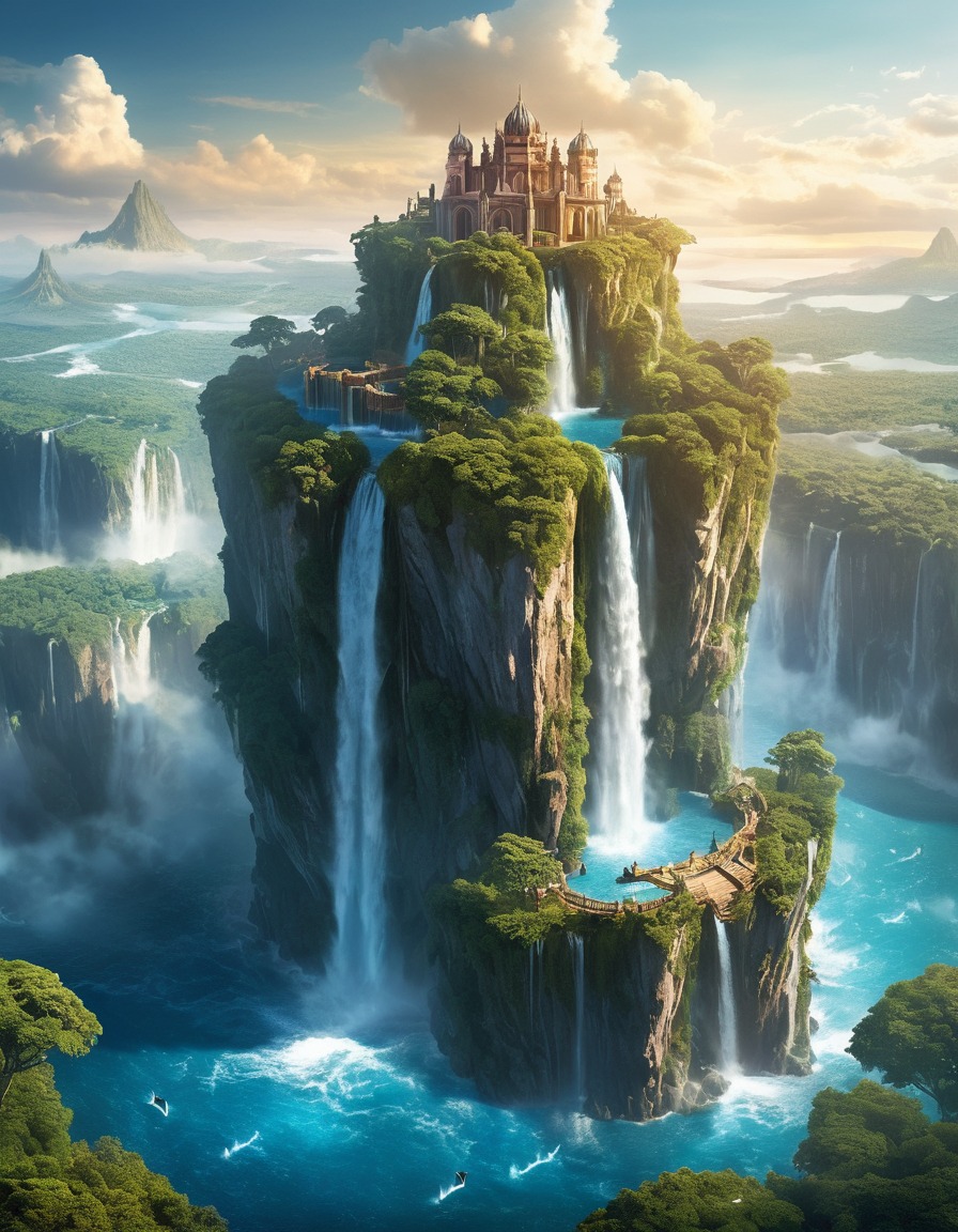 floating island, sky, waterfalls, fantasy, scenic view, nature, mystical