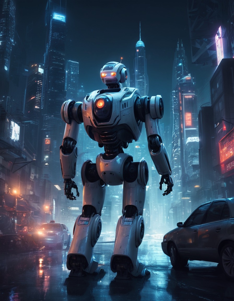 futuristic, cityscape, robot, exploration, night, robots