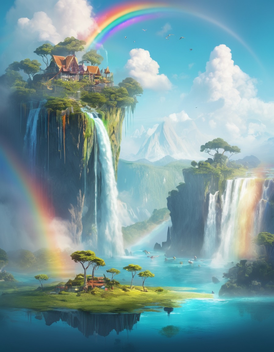 surreal, landscape, floating islands, rainbow waterfalls, fantasy