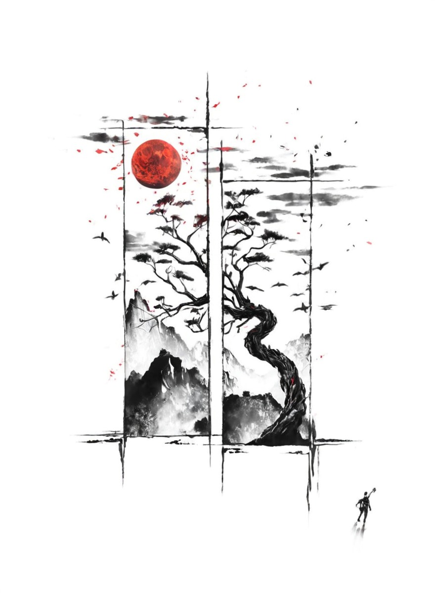 artwork, blackandred, creative, detailed, greekart, handdrawn, illustration, japan, japaneseart, micronpen, mountains, painting, seion, sumie, sumiink, sun, traditionalart, tree, pigmamicron, artoftheday, greekartist, art, sumieart, thessalonikiart