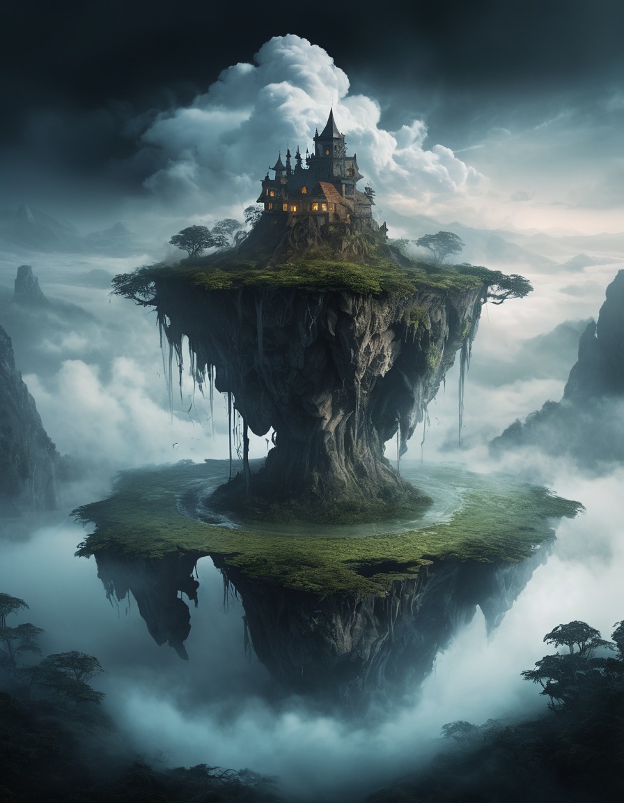 mystical, floating island, swirling mists, island, magic, enchantment