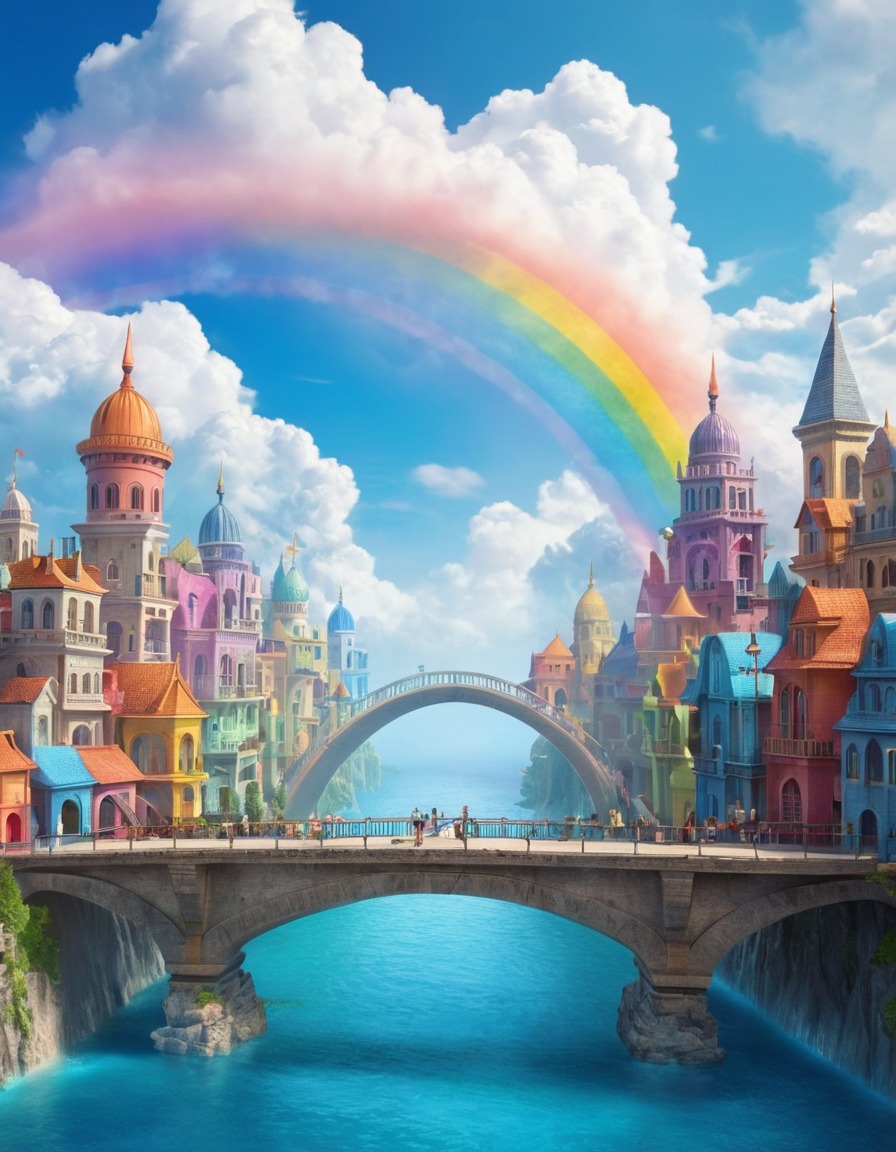 floating city, clouds, fantasy, rainbow bridges, magical architecture, ethereal setting, dreamlike landscape