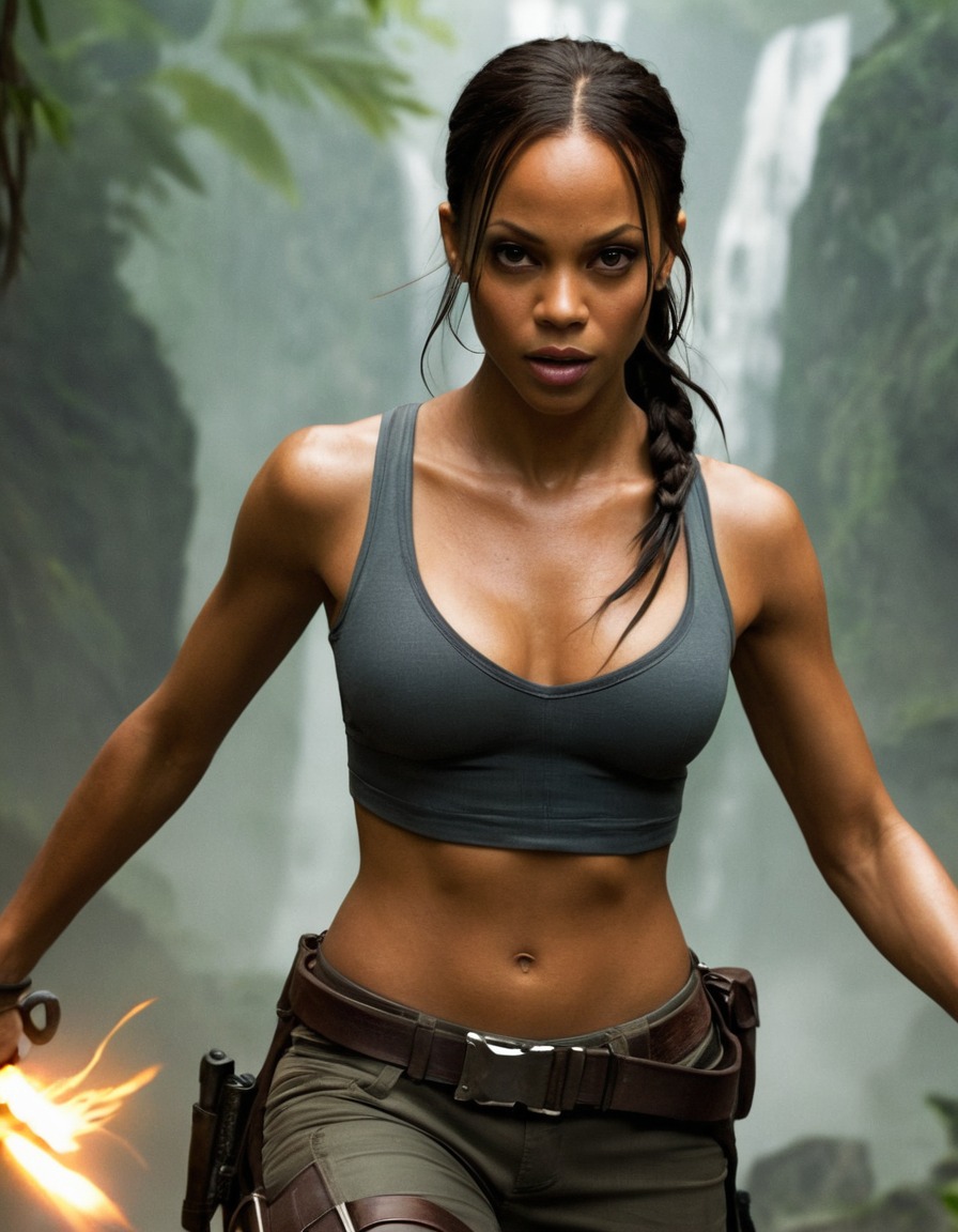 zoe saldana, lara croft, actress, action, character portrayal, video game adaptation