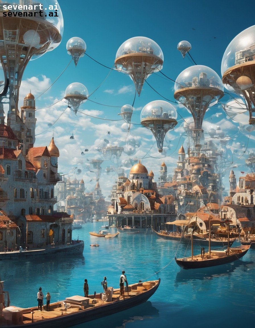 fantasy, futuristic, floating city, renewable energy, dome architecture, future