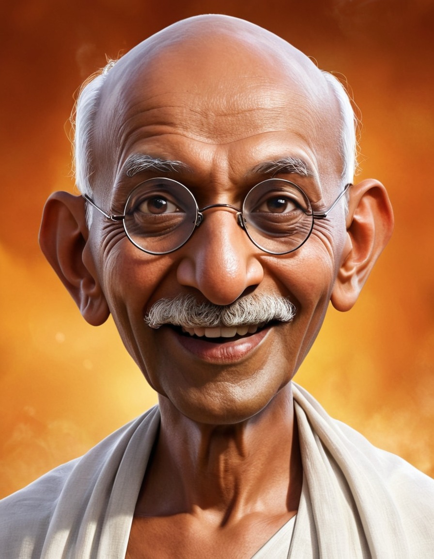 caricature, exaggerated features, playful expression, mahatma gandhi, funny