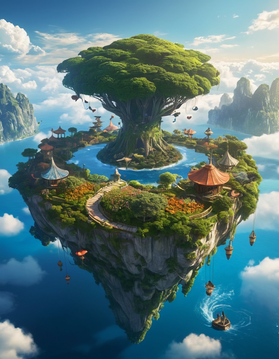 fantasy, floating island, winged beings, gardens, sky, mystical, ethereal, fantastic