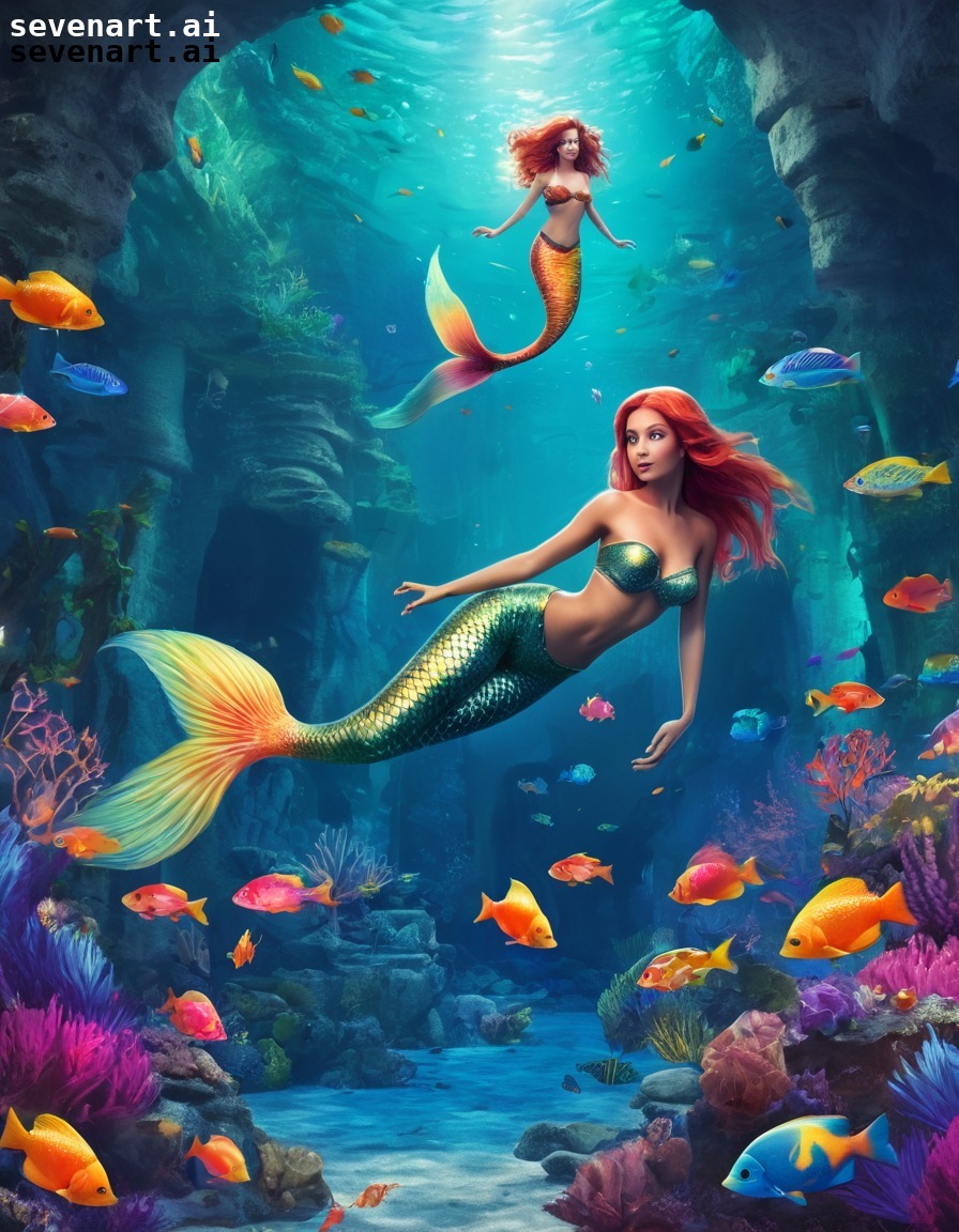 mermaid, underwater, grotto, tropical fish, colorful, fantasy