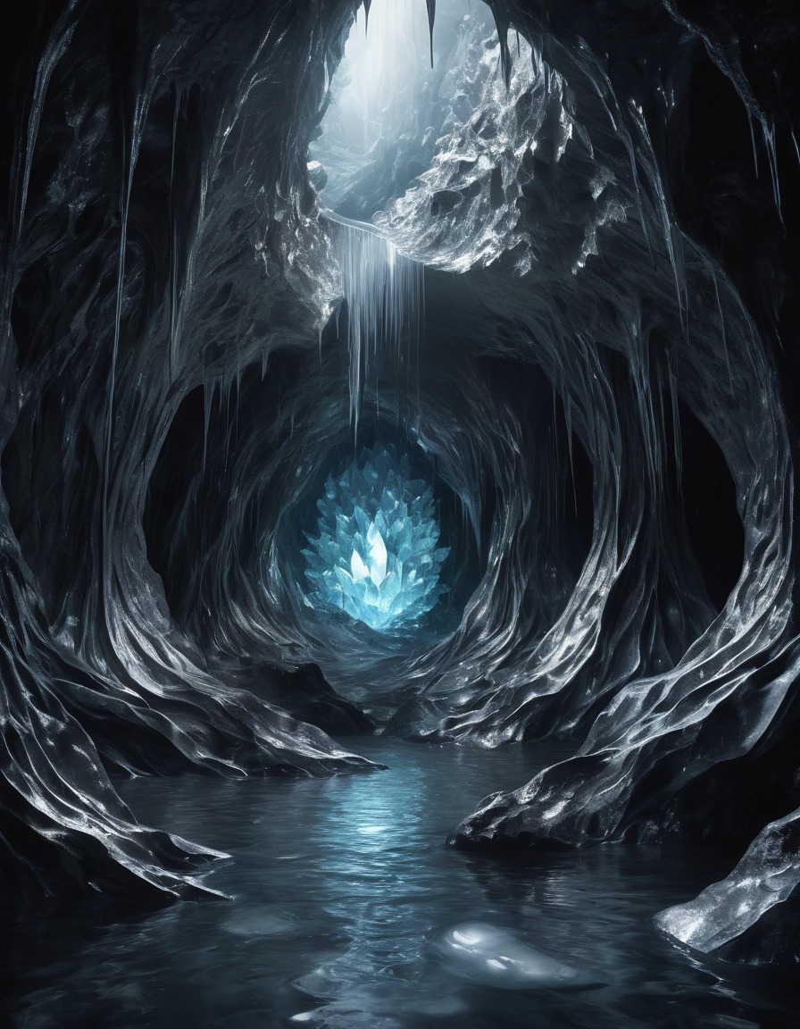 mystical, liquid silver, crystal cavern, river, magic, enchantment