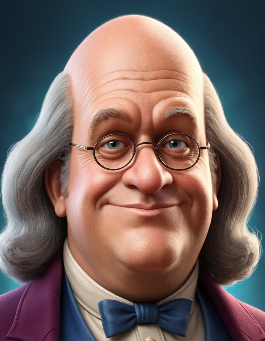 benjamin franklin, caricature, whimsical, exaggerated features, mischievous, portrait, funny