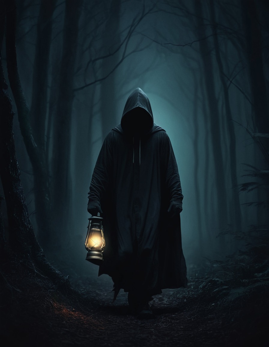 dark, mysterious, hooded figure, lantern, forest, middle ages