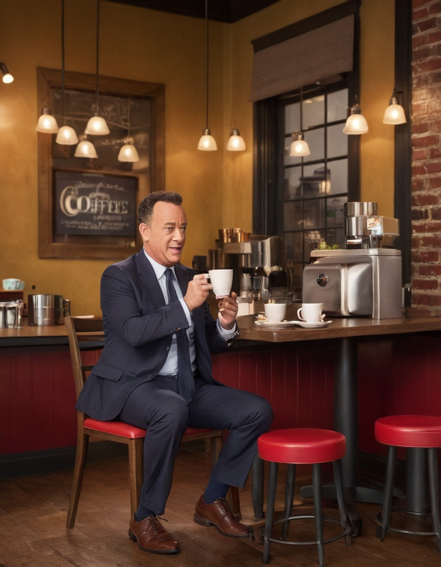 tom hanks, playful, coffee shop, chair, struggle, fat