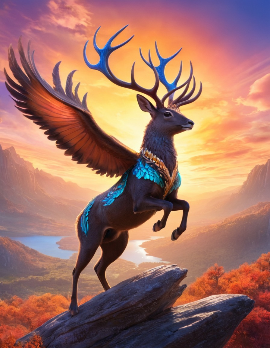 peryton, majestic, antlers, colorful sky, fantasy, mythological creature