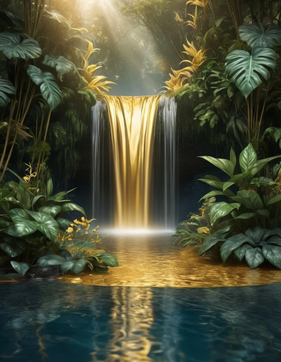 waterfall, liquid gold, rare plants, sparkling leaves, fantastic