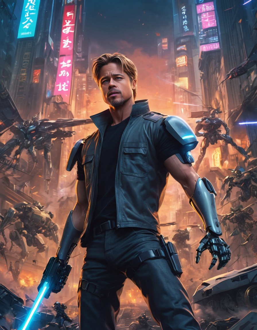 brad pitt, anime, futuristic, city, robots