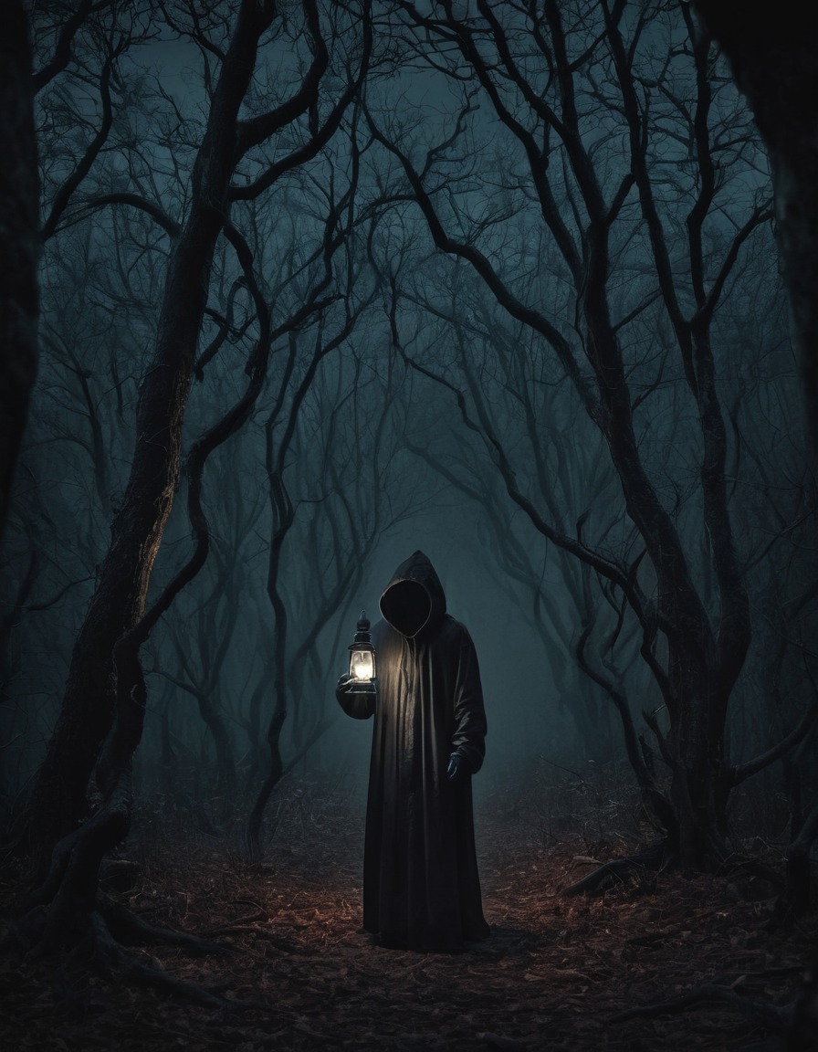 dark, mysterious, lantern, hooded figure, forest, twisted trees, eerie, gothic, underground