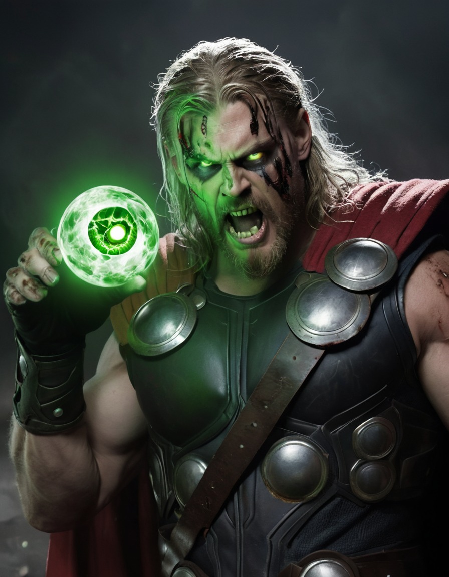 thor, zombie, mjölnir, glowing eye, illustration, marvel