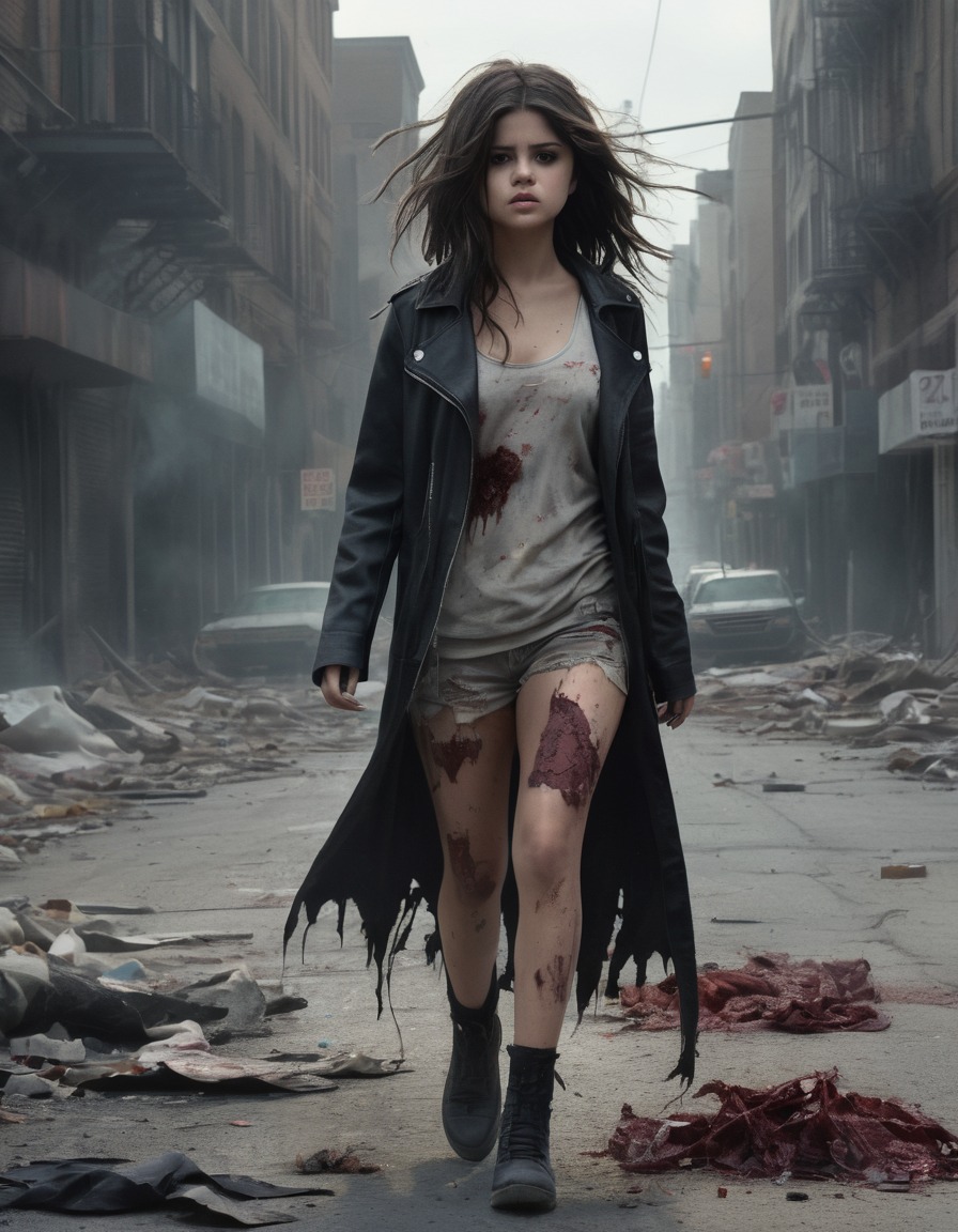 selena gomez, zombie, deserted, city street, disheveled hair, torn clothing, celebrities