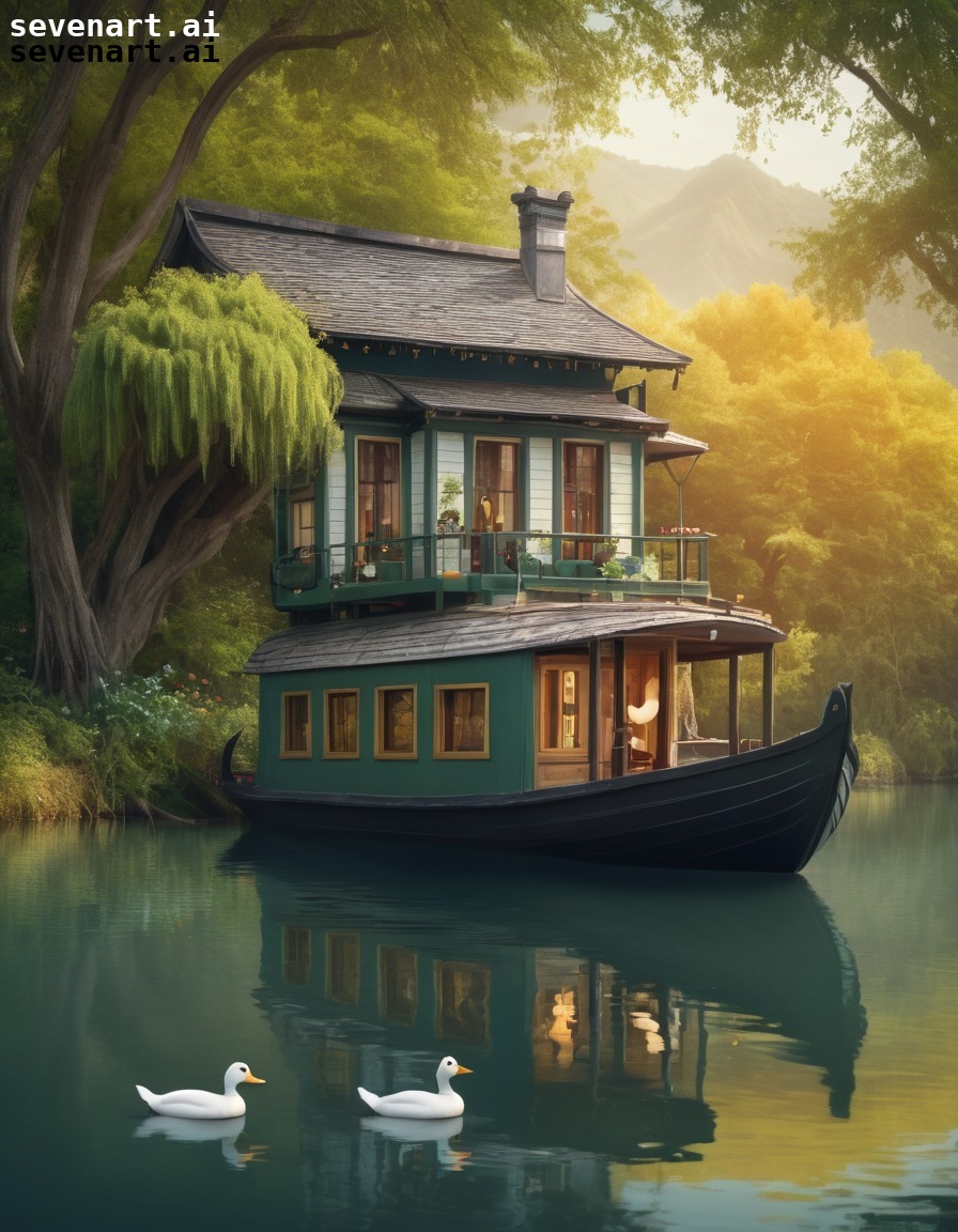 houseboat, river, peaceful, ducks, serene, house, home