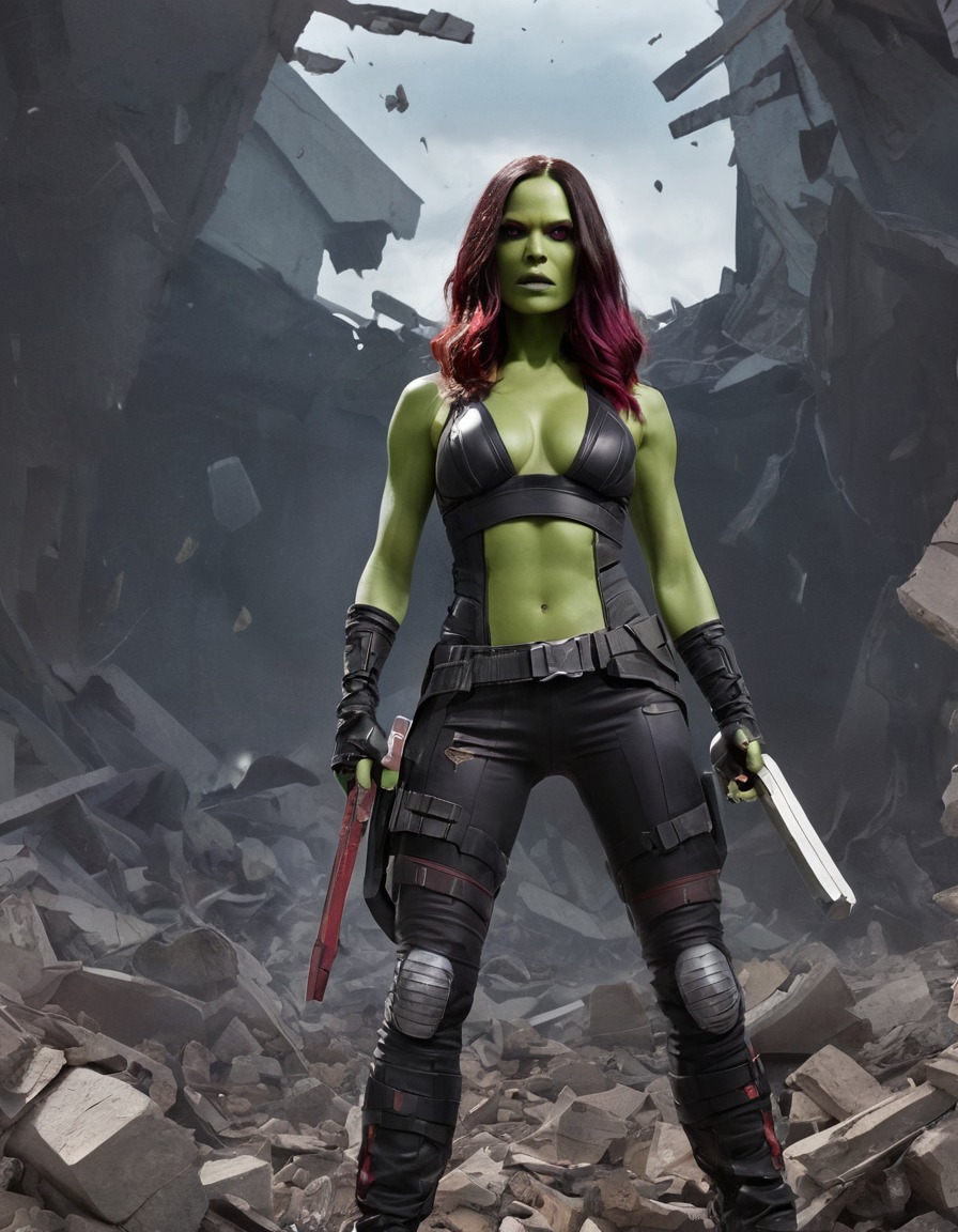 gamora, guardians of the galaxy, superhero, warrior, battle-ready, rubble, ripped clothing