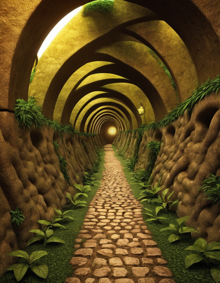 labyrinth, twisting tunnels, mischievous goblins, fantasy scene, adventure, magical creatures