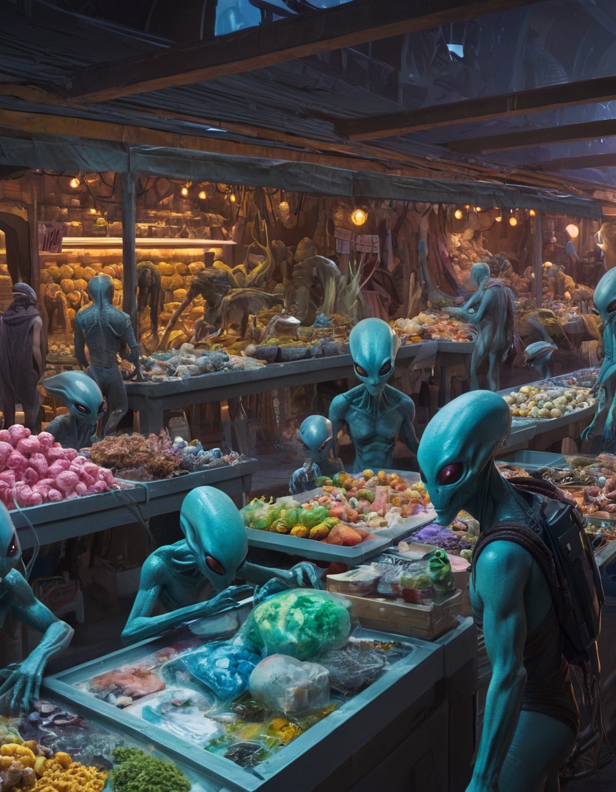 alien, marketplace, creatures, trading, exotic goods, extraterrestrial, aliens