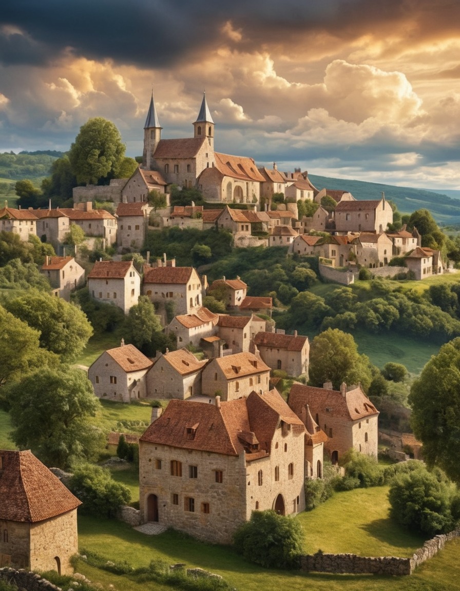 rural village, romanesque architecture, countryside, cloudy sky, architecture