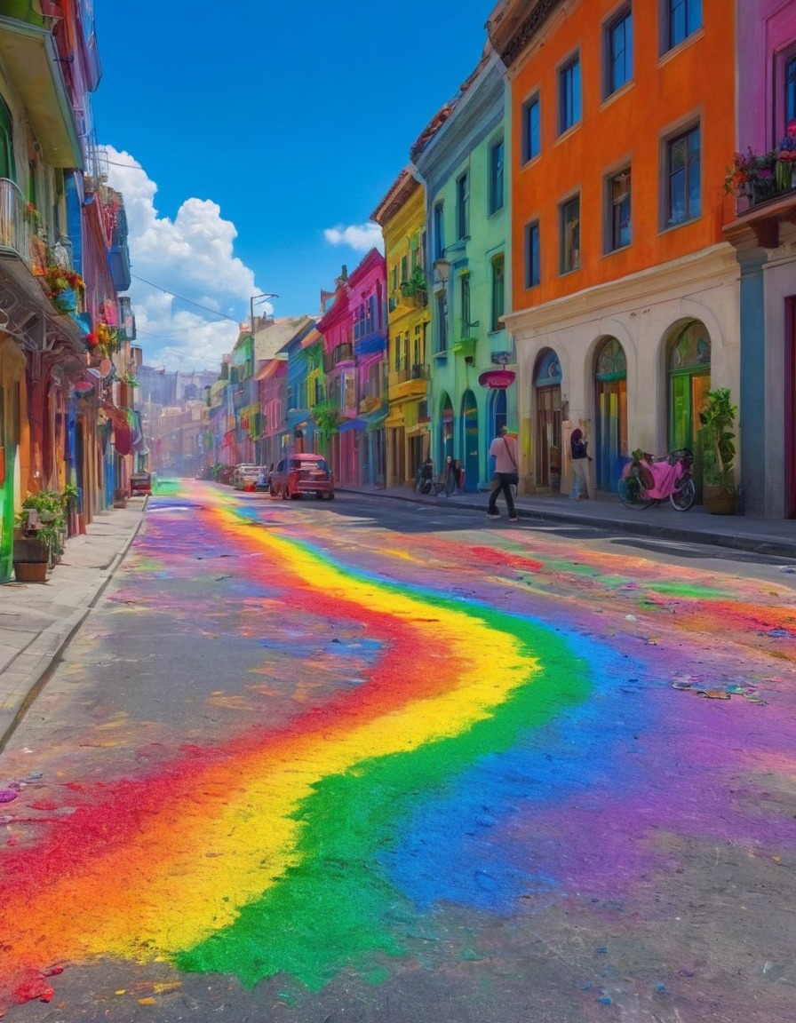 street art, rainbow colors, paint splatters, urban landscape, colorful, abstract art