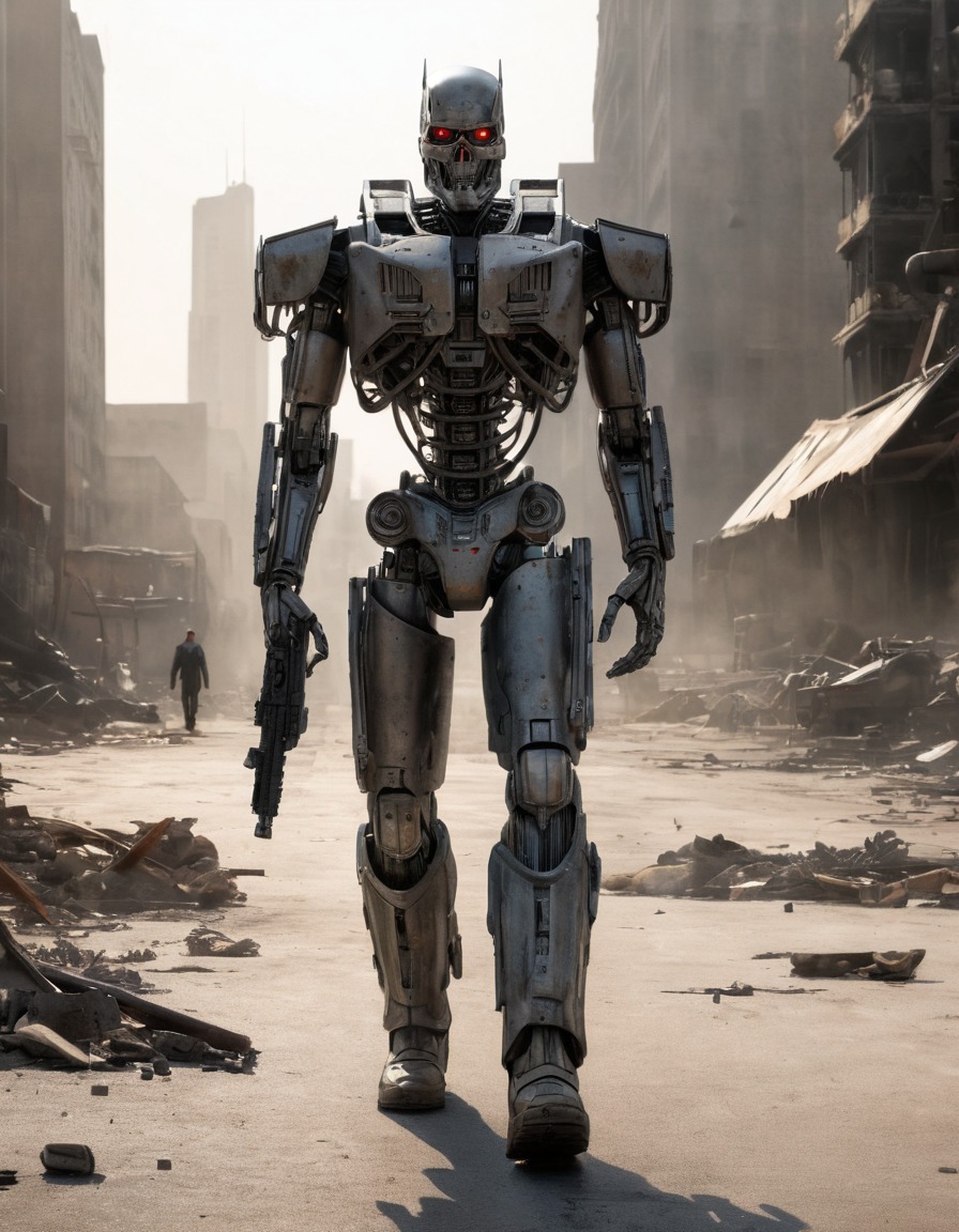 science fiction, terminator, t-800, post-apocalyptic, cityscape, action, robot, robots, games, movies