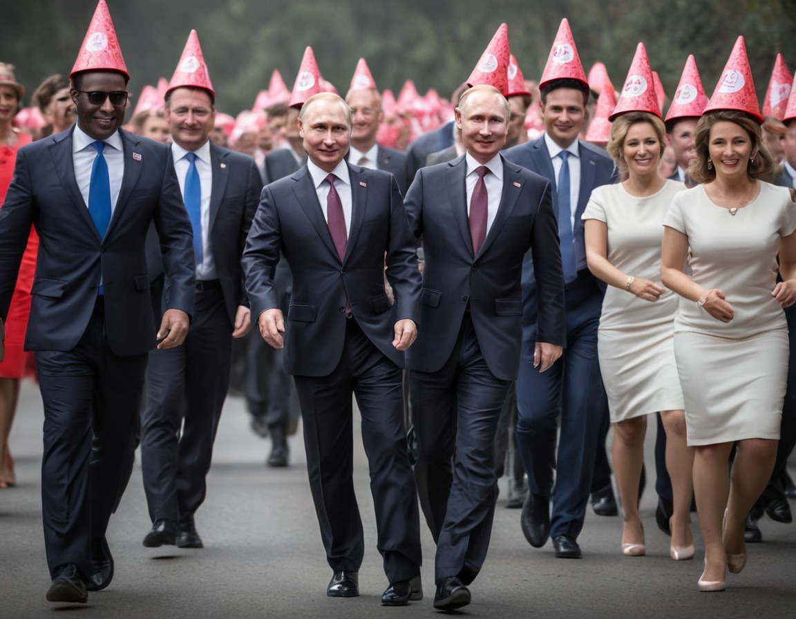 political humor, world leaders, conga line, party hats, vladimir putin, putin, russia, russian president